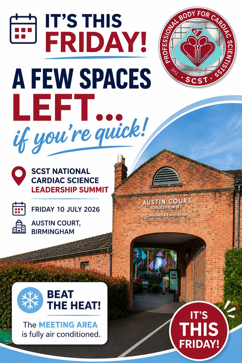 SCSTcouncil's tweet photo. 🚨 It's this Friday!

There are still a few places left at the SCST National Cardiac Science Leadership Summit – but you'll need to be quick!

❄️ Our meeting area is fully air conditioned too.

📍 Birmingham | 📅 10 July
🔗 https://t.co/t4kL3ZebGW https://t.co/t3Oa0DSU72