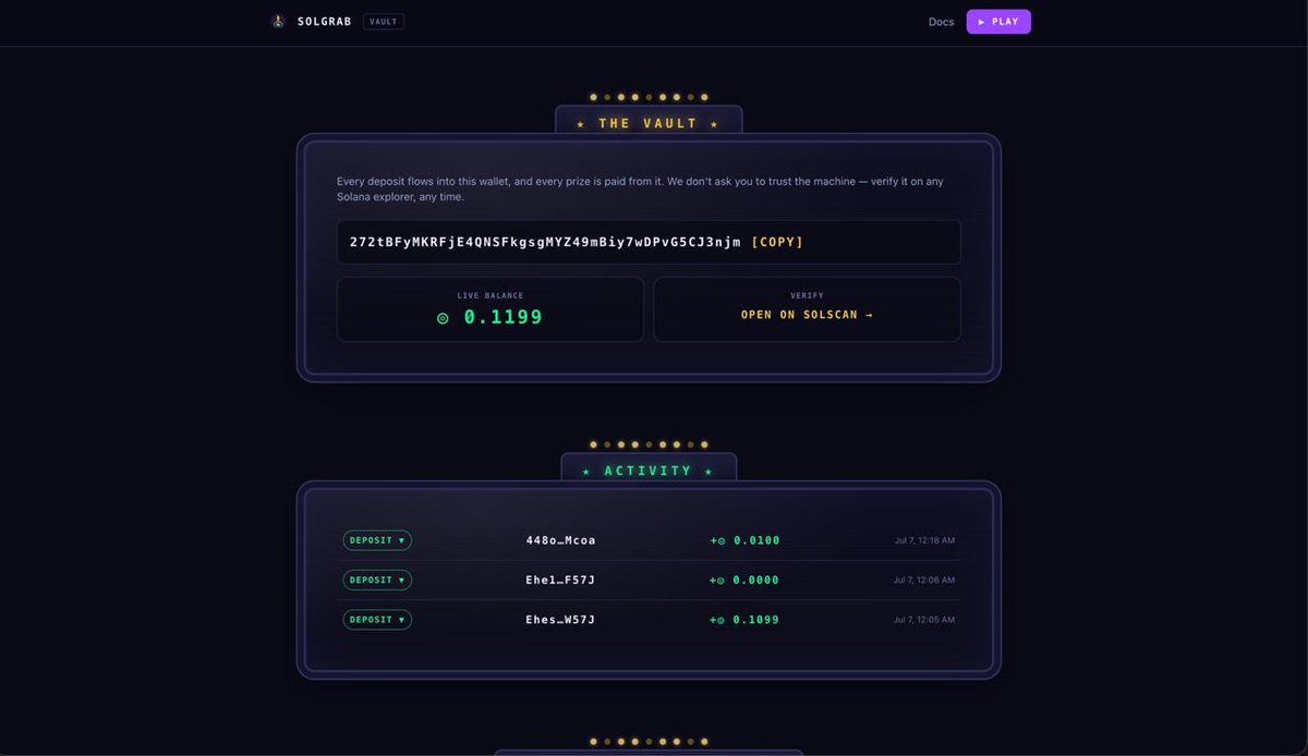 solgrabfun's tweet photo. 📢 $GRAB Vault — Now Live

We're pleased to announce that the $GRAB Vault is officially live and operational on-chain.

From this point forward, every prize, every deposited ball, and every reward within the arcade is held and settled directly through the Vault — fully transparent and verifiable by anyone, at any time. This is the foundation the entire $GRAB ecosystem is built on: a machine that cannot cheat, backed by infrastructure that cannot hide.

The withdraw function is currently in its final stage of development. Before it goes live, we are conducting thorough on-chain verification and security checks to ensure that every single withdrawal is executed safely, accurately, and without risk to our holders. Because this process involves the movement of real assets, we consider it essential to prioritize security and reliability over speed.

We sincerely appreciate your patience and continued trust. The withdraw feature will be released shortly, and we will keep the community fully informed at every step.

Vault is live. Withdraw is coming soon. https://t.co/NQ5v3ASGRT

FogMaLtj9V1twhMbs6tWW5v4BW8Z791K4utRw76Ypump