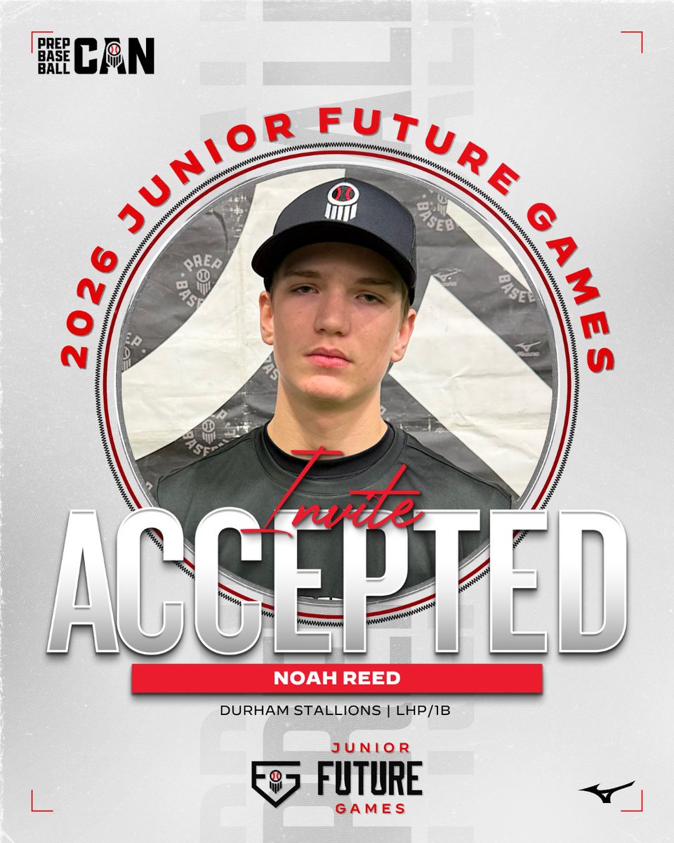 PrepBaseballON's tweet photo. ✈️  𝙒𝙚𝙡𝙘𝙤𝙢𝙚 𝙩𝙤 𝙩𝙝𝙚 𝙅𝙪𝙣𝙞𝙤𝙧 𝙁𝙪𝙩𝙪𝙧𝙚 𝙂𝙖𝙢𝙚𝙨 🤩

'30 LHP/1B Noah Reed (@durhamstallions)  has accepted his invitation to represent Canada at the Prep Baseball Junior Future Games‼️

#PBJFG26 | @durhamstallions https://t.co/4mFIDXaLmI