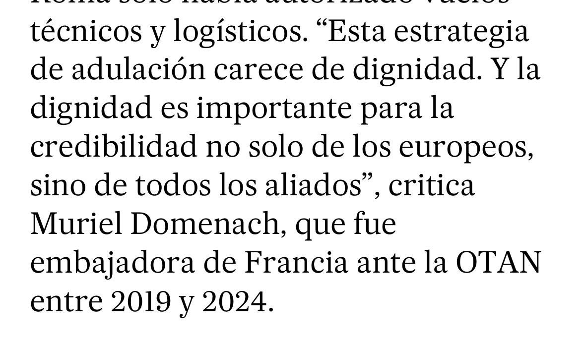 MurielDomenach's tweet photo. Je vois que ceci a été repris dans @el_pais sur les limites de l’approche du président 🇺🇸 par la flatterie 
essayée par des secrétaires généraux de l'OTAN. La dignité est un élément de crédibilité, donc de dissuasion envers nos adversaires, et d’attractivité envers nos partenaires « grands émergés ». #SommetOTAN