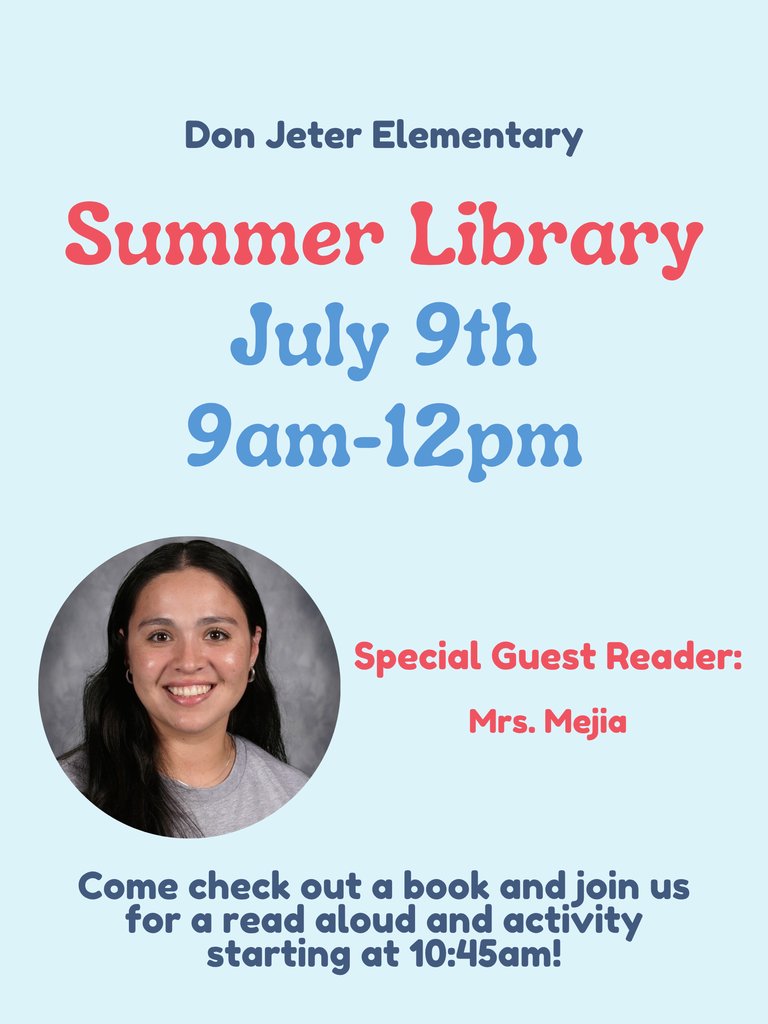 JeterElem's tweet photo. Please join us this Thursday, from 9:00 AM to 12:00 PM for a fun morning of reading. We will even have a special read aloud with Mrs. Mejia at 10:45 AM!

We hope to see you all there! 📚 https://t.co/OXFYgRHPou