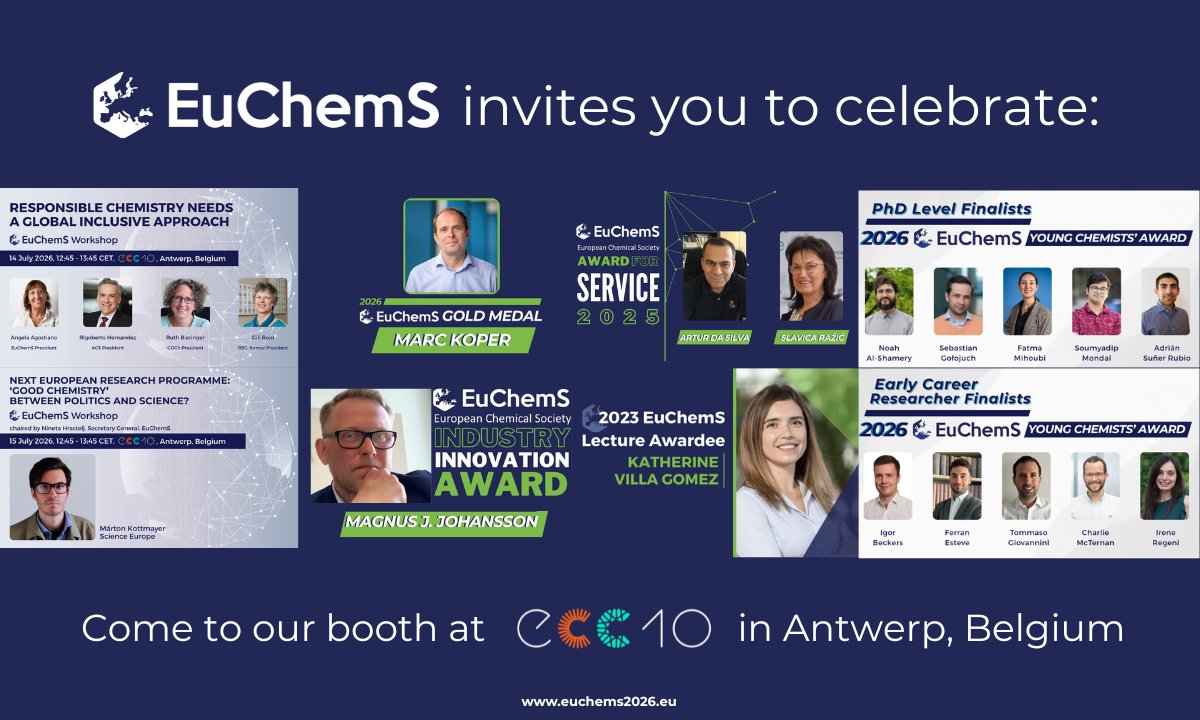 EuChemS's tweet photo. ⏳ Only a few days to go until ECC10!

Join us for outstanding lectures, workshops, and the finals of the EuChemS Young Chemists’ Award (EYCA).
We also invite you to visit the EuChemS booth!

https://t.co/BvLw1eSouq
#ECC10 #Chemistry #Science #ChemicalSciences #SciencePolicy https://t.co/ad0WhMV2r0