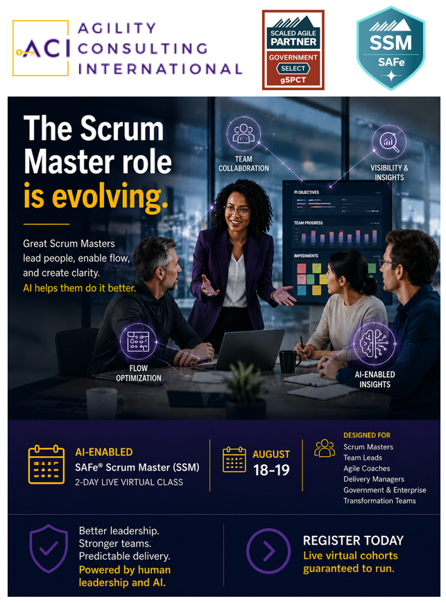 AgilityConsult2's tweet photo. Practical AI can help Scrum Masters improve visibility, communication, and team coordination.
Register Today! Guaranteed to Run
📅 August 18–19 Live Virtual: https://t.co/FGf1YOgPHG
#SSM #AI #SAFe https://t.co/oJKkETCghe