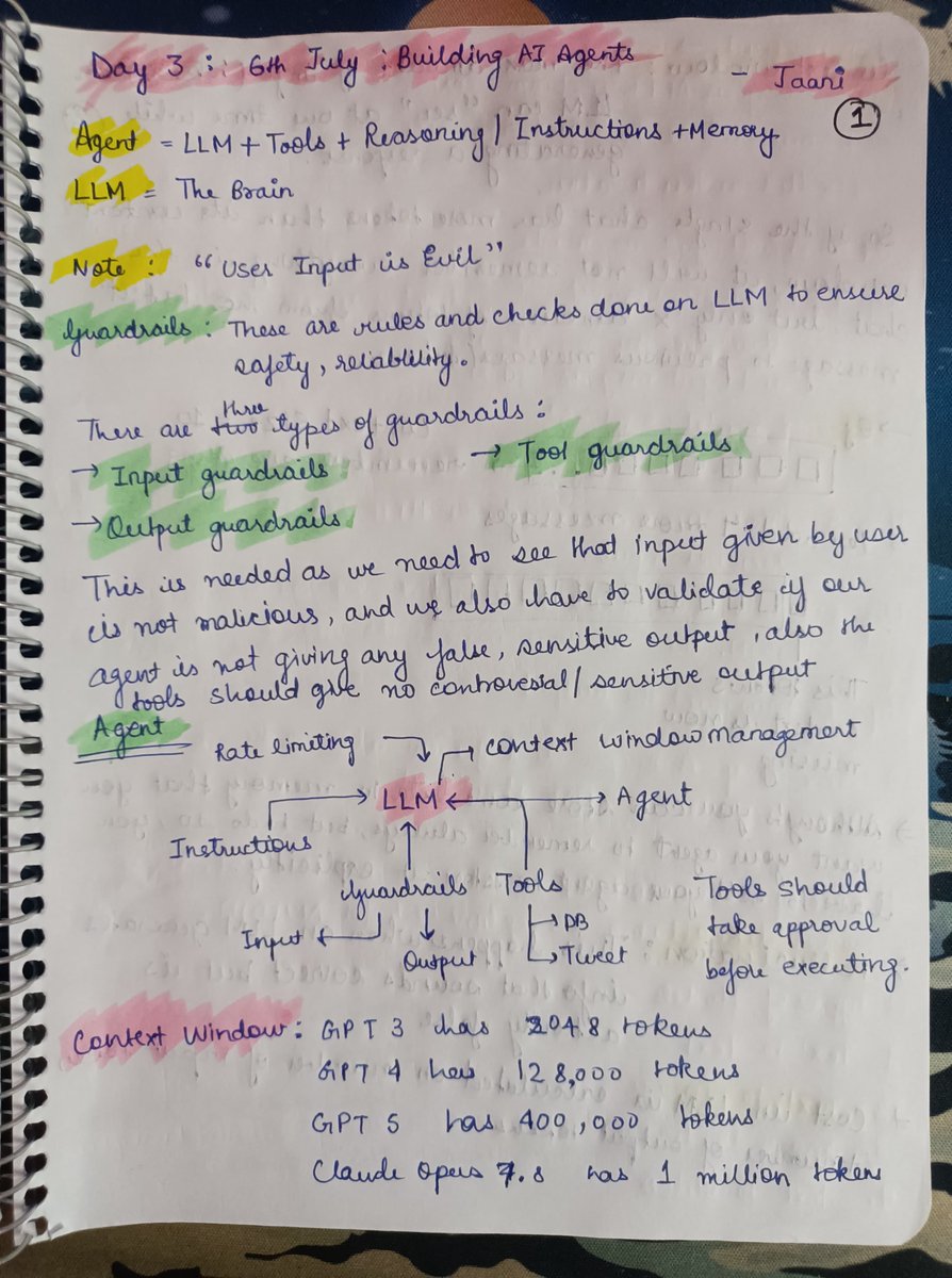 jaaaani404's tweet photo. Day 3 at GenAI: Building AI Agents
dropping my notes here
notes in thread 🧵
An agent is much more than an LLM. Tools, memory, reasoning, guardrails, retries make agents powerful
Happy Learning! 🫶https://t.co/6YaQLA1eld #chaicode #chaiaurcode #genai https://t.co/ddtGnC9IBu