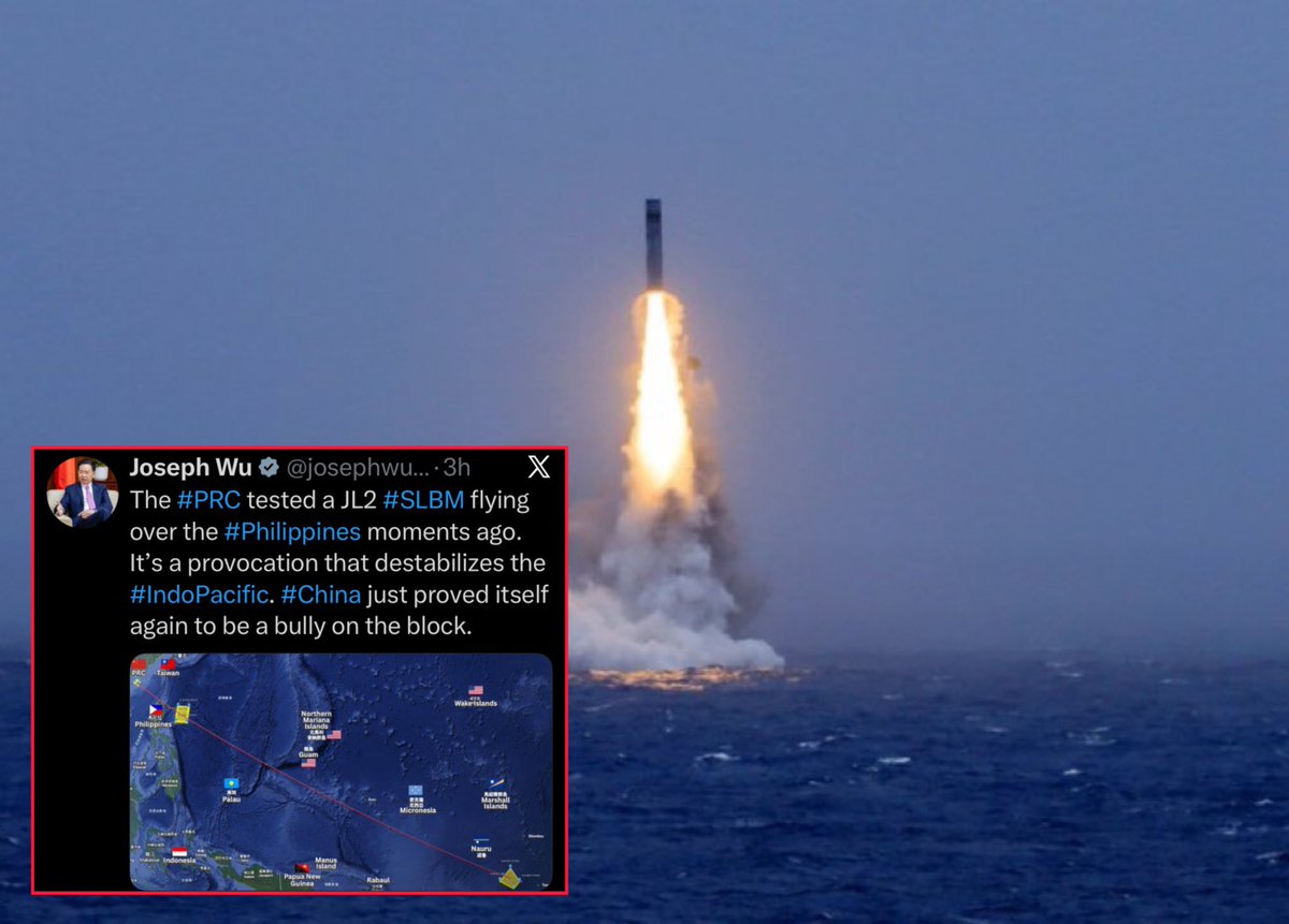 sentdefender's tweet photo. Despite the separate Chinese NOTAMs being issued for today’s SLBM test that landed in the Pacific’s nuclear-weapon-free zone, Taiwanese Secretary General of the National Security Council Joseph Wu said that the trajectory of the test launched passed just north of the Philippines’ Luzon Island, calling the move a “provocation.” In addition to the statement, Japan’s Kyodo News has said that the missile did not fly over Japan’s exclusive economic zone or its airspace, which lends some credence to Secretary Wu’s claims that the launch originated in the South China Sea, passing Luzon, and not the Bohai Sea. This post will be updated should additional information come out.