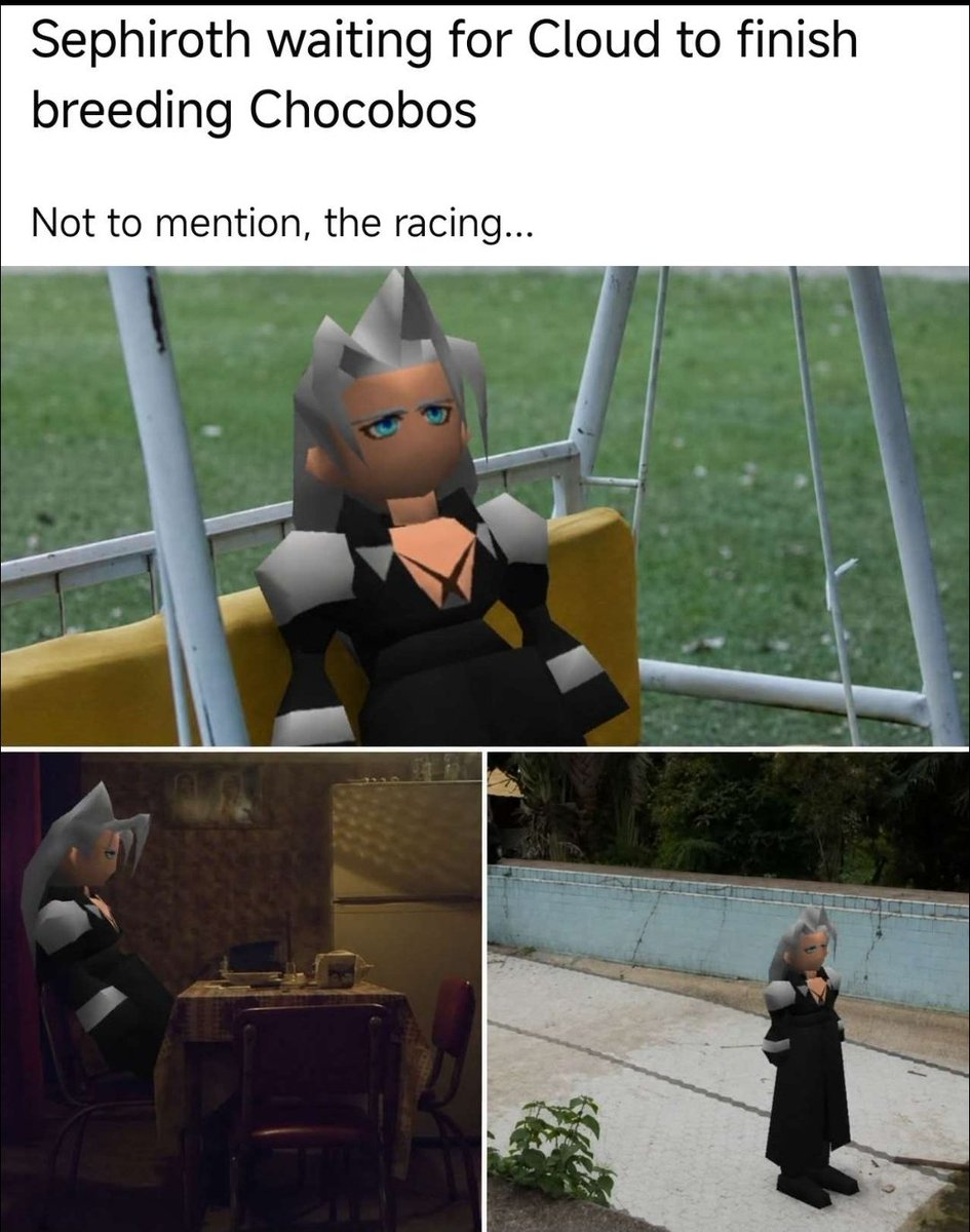 J19_Gaming89's tweet photo. This meme is so good and funny af ππ #FF7 #FF7R #Sephirioth #Cloud #Chocobos #ChocoboRacing https://t.co/qfFHP7MN0l