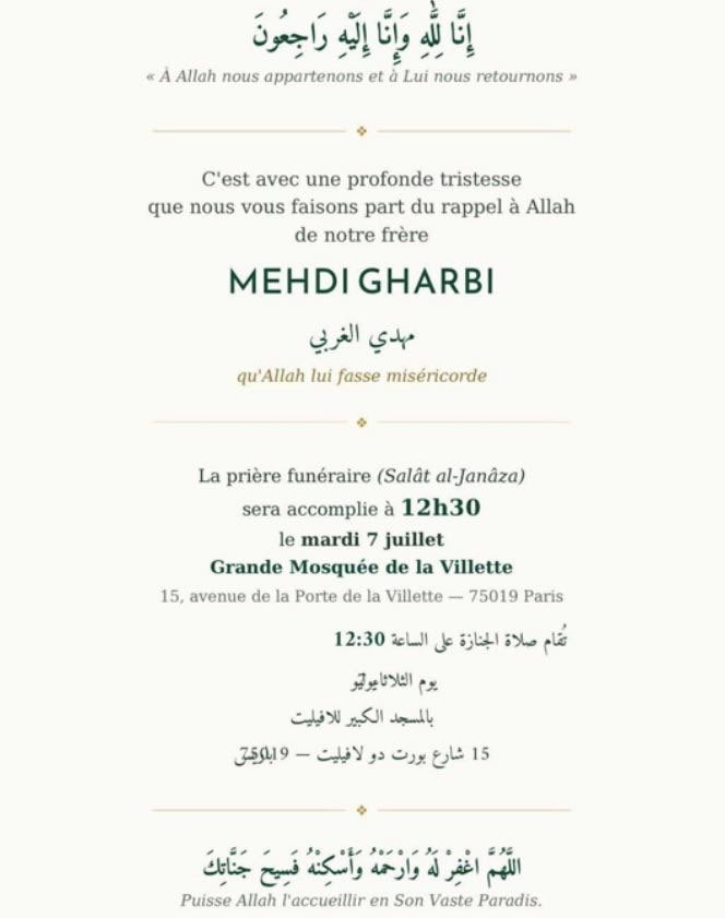 Ahl_Sounnah_'s tweet photo. La janaza de notre frère Mehdi Gharbi, décédé d’un arrêt cardiaque, aura lieu demain à la Grande Mosquée de la Villette. Qu’Allah lui fasse miséricorde et lui accorde le plus haut degré du Paradis. Âmîn. https://t.co/gHaPRuQPJ6
