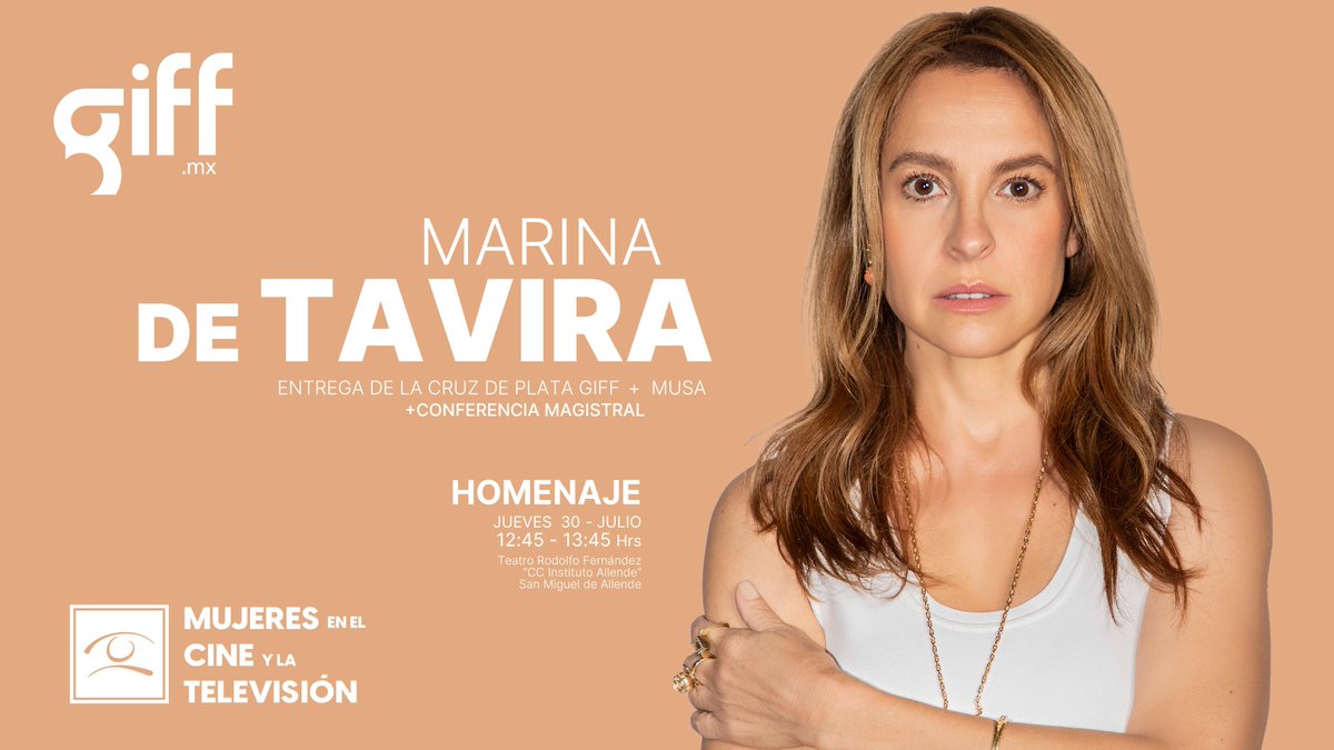 giffmx's tweet photo. La actriz Marina de Tavira y la productora Inna Payán serán homenajeadas en #GIFF2026 por su invaluable contribución al cine mexicano, en colaboración con Mujeres en el Cine y la Televisión.

El homenaje se llevará a cabo en San Miguel de Allende, donde ambas compartirán su experiencia en conferencias magistrales.