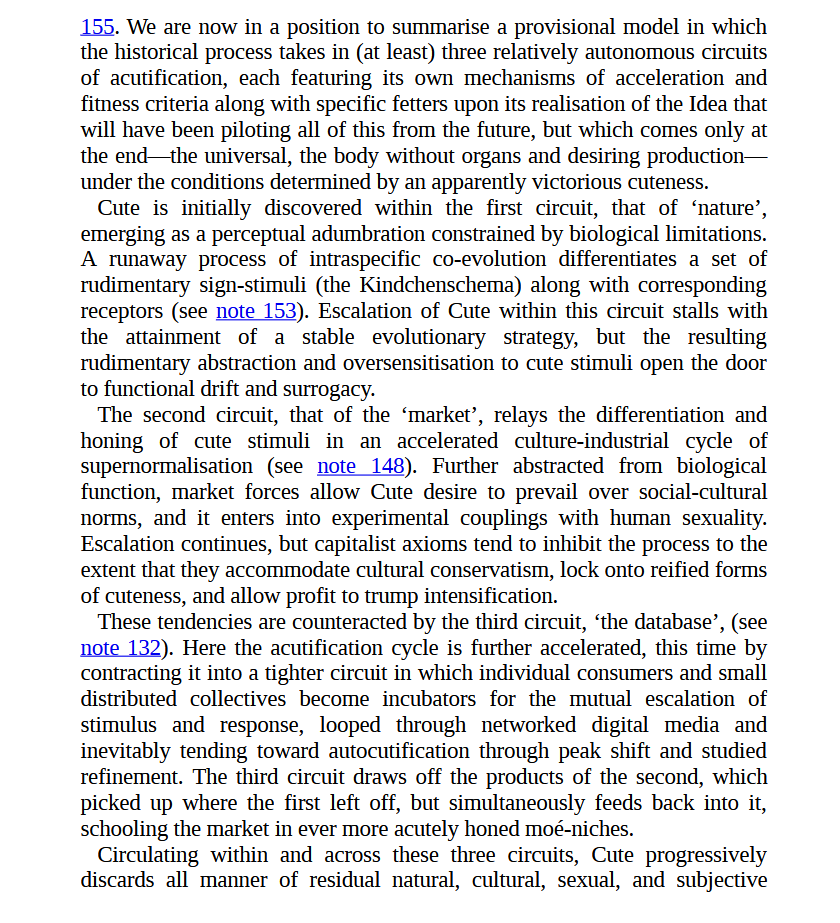kitsumute's tweet photo. Cute Accelerationism, pp 155, a pretty good example of deploying an Idea to account for how the constraints and affordances of a nested abstraction vary across different levels of stratification (itself grounded in semiotics as unifying framework). https://t.co/sC986yvtwz