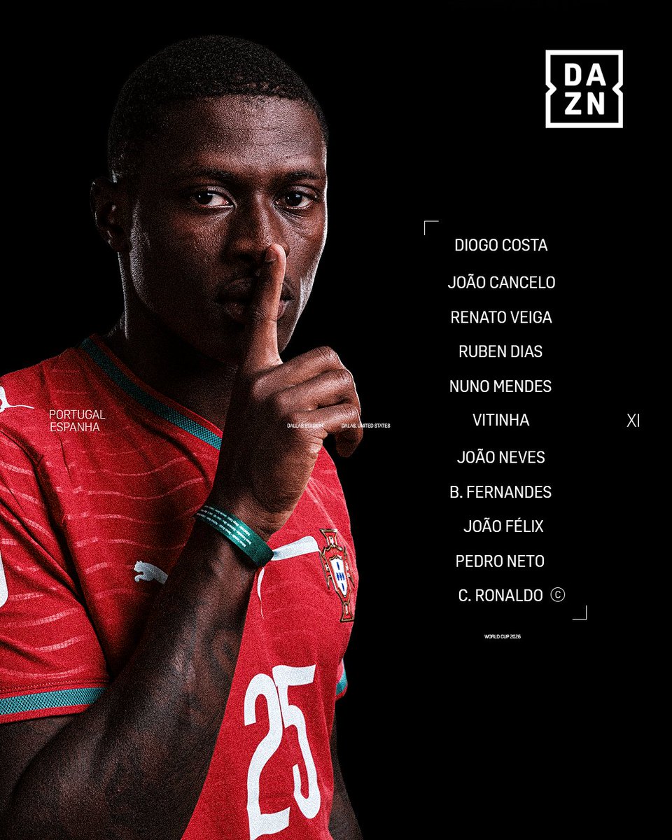 DAZNPortugal's tweet photo. O XI inicial de Portugal para o grande duelo ibérico 🇵🇹⚔️🇪🇸

O que mudavas? 👀

#DAZNFIFAWC https://t.co/BZ8FtvTjFi