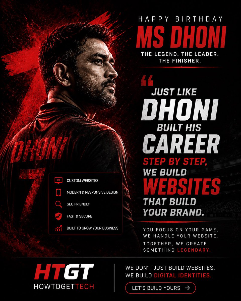 DiTi280500's tweet photo. #HappyBirthday to the one and only #MSDhoni ! Just like Dhoni built his legendary career step by step with patience, strategy, and consistency — your brand deserves a website built with the same winning mindset.
#HTGT #HowToGetTech #Webdeveloper #Website #develop https://t.co/kJwRCOWArB