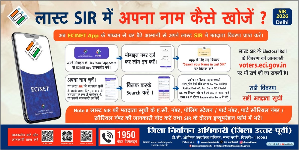 dm_northeast's tweet photo. The Special Intensive Revision (SIR)–2026 is underway. All registered electors of District North East are requested to complete their Enumeration Form and ensure their electoral details are accurate and up to date.

"कोई योग्य मतदाता छूटे ना, कोई अयोग्य मतदाता जुड़े ना।" 🇮🇳

#SIR2026 #ElectionCommissionOfIndia #NorthEastDelhi #Delhi #VoterAwareness #ElectoralRoll #Democracy #YourVoteMatters