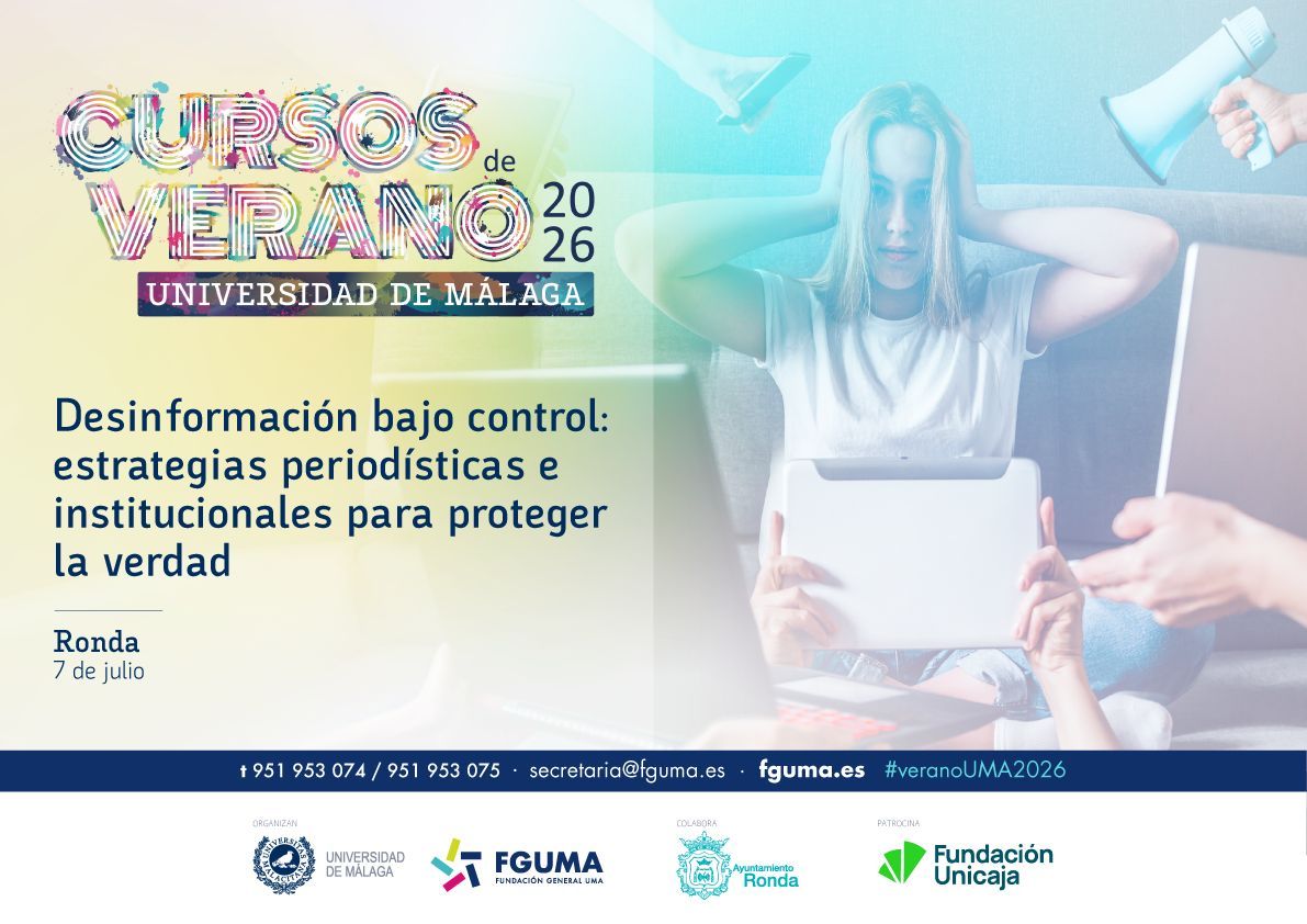 ComuniFac's tweet photo. La desinformación será protagonista en los Cursos de Verano de la UMA en Ronda, con la participación de varias profesoras de nuestra Facultad. Un orgullo contribuir al debate sobre uno de los grandes retos de la comunicación y la democracia. 👏

#ComuniFAC #CursosDeVeranoUMA https://t.co/BMhkEuS7ht