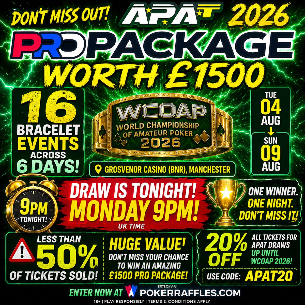 PokerRaffles's tweet photo. 🚨HUGE VALUE ALERT 🚨

We're picking our next £1,500 PRO Package winner tonight at 9pm and we've only sold 50% of the tickets.

We MUST pick a winner and you can use coupon code 'APAT20' for 20% off all @apatpoker draws to celebrate their 20th year.

https://t.co/2yrl7ZaxN8

18+ https://t.co/5eHKnS7l3X
