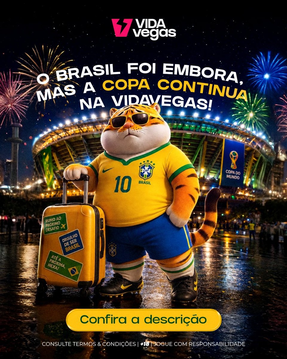 _VidaVegas's tweet photo. 🇧🇷 O Brasil se despediu da Copa… mas a emoção continua na VidaVegas! ⚽🔥

Ainda tem jogo decisivo e Aposta Grátis Todo Dia na Copa: participe, deposite R$50 e receba R$50 em Aposta Grátis.

Válida até 20/07/2026. Odds mín. 1.60.

⚠️ +18 | Jogue com responsabilidade. https://t.co/HyYeZrGKED