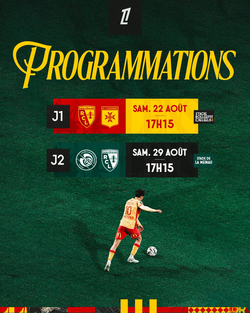 RCLens's tweet photo. À vos 𝒂𝒈𝒆𝒏𝒅𝒂𝒔 ! 🗓️

Les deux premières programmations de la saison de @Ligue1 sont connues. Les Sang et Or accueilleront l'@AJA le samedi 22 août à 17h15 (𝐉𝟏) et se déplaceront au @RCSA le samedi 29 août à 17h15 (𝐉𝟐).

📺 @ligue1plus 

#FiersDEtreLensois https://t.co/kHT26hISvz