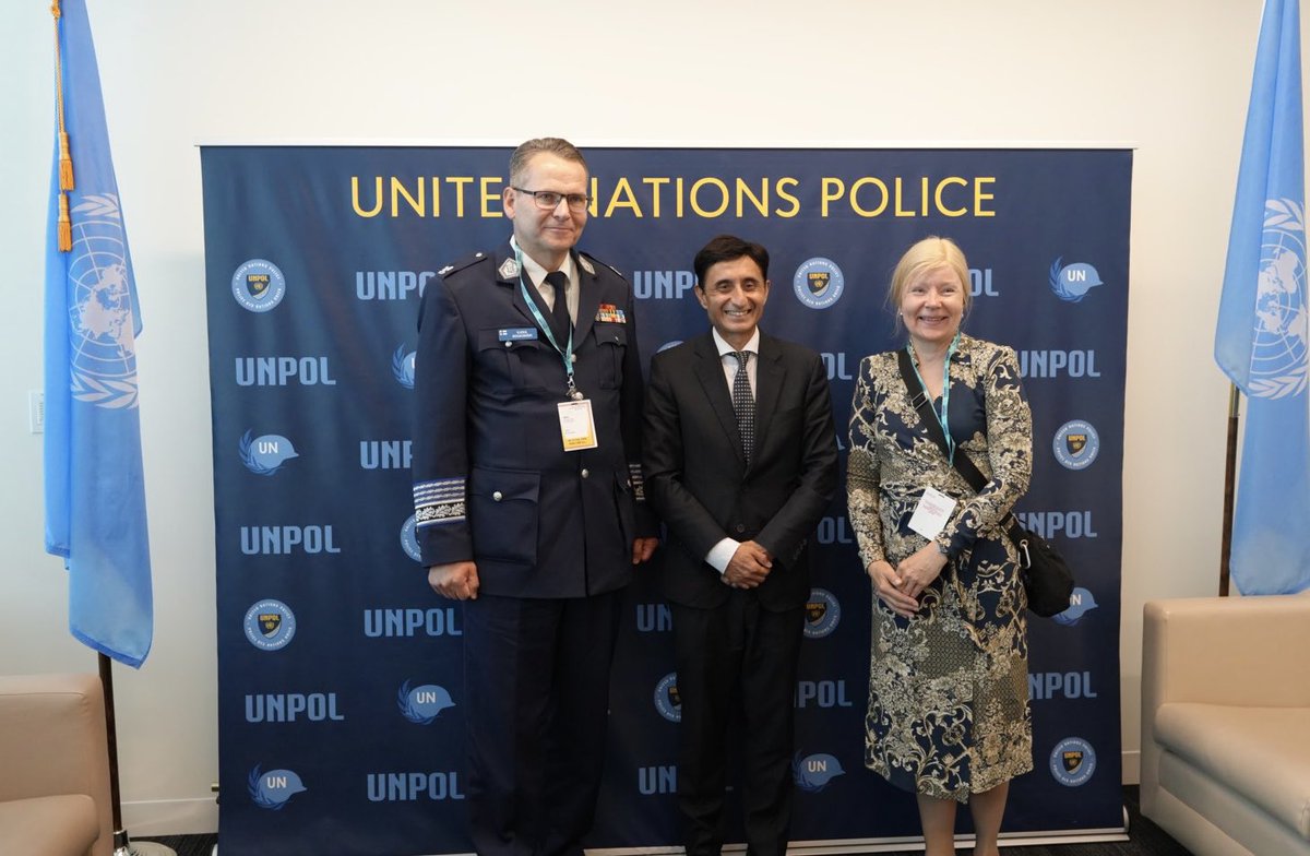 UNPOL's tweet photo. .@UNPOL Adviser Faisal Shahkar thanked Finnish National Police Commissioner Ilkka Koskimäki for his country’s strong support for #UN policing, including the SGBV Specialized Police Team in @unmissmedia, while he was in New York for the fifth UN Chiefs of Police Summit (#UNCOPS). https://t.co/GmgoEdiuIS