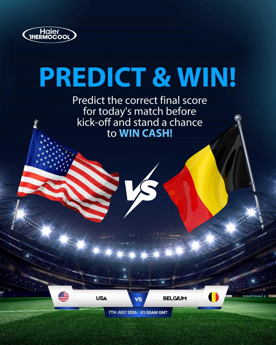 ThermocoolNGN's tweet photo. PREDICT & WIN CASH!

The stage is set! USA takes on Belgium, and this is your chance to turn your football knowledge into cash.

Think you can predict the final score? Drop your prediction before kick-off and stand a chance to win.

How to Enter: • Follow @ThermocoolNG
• Like this post
• Comment your predicted final score
• Tag two friends
• Share this post to your Story

Entries close at kick-off. Predictions submitted after the official match start time will not be considered.

Who are you backing tonight? Portugal or Spain?