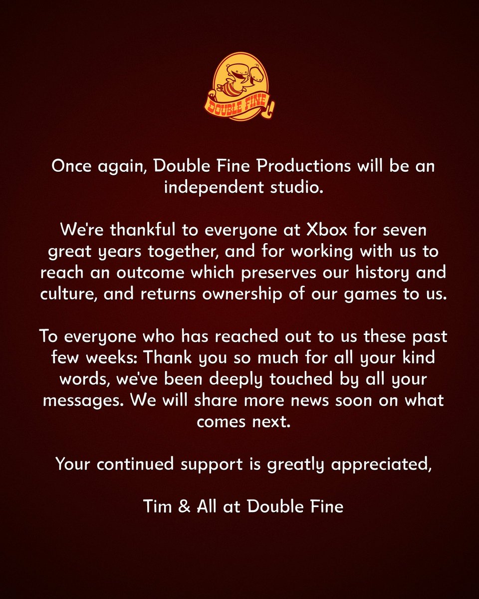 VidaoPantalla's tweet photo. Se confirma que además de ser independiente, #DoubleFine y #CompulsionGames se ha llevado sus licencias al salir de #Xbox.

No sabemos si #NinjaTheory y #UndeadLabs se han llevado también las suyas. https://t.co/pucr8mZJBX
