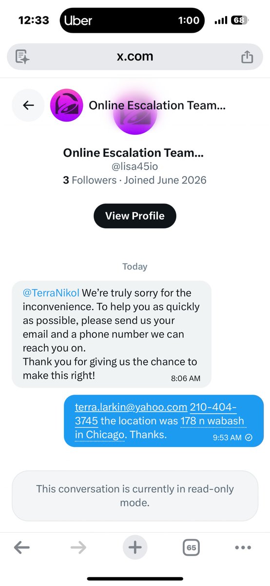 TerraNikol's tweet photo. @tacobell this account is trying to scam called me asking for my info to reimburse me https://t.co/GHcNPnOhqa