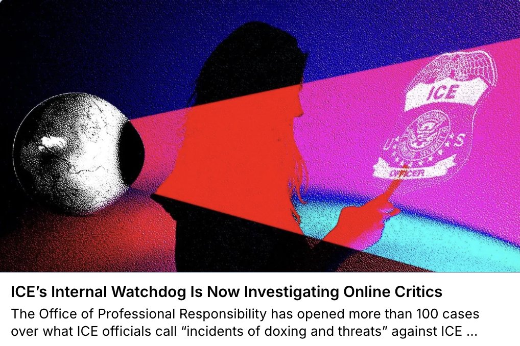 tenuous's tweet photo. NEW: ICE's Office of Professional Responsibility, an internal watchdog  that normally does things like inspecting detention facilities and  investigating employee misconduct, has also been investigating what  people say online about ICE and its employees: https://t.co/6kSXcgeEAB