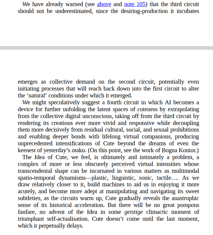 kitsumute's tweet photo. Cute Accelerationism, pp 155, a pretty good example of deploying an Idea to account for how the constraints and affordances of a nested abstraction vary across different levels of stratification (itself grounded in semiotics as unifying framework). https://t.co/sC986yvtwz