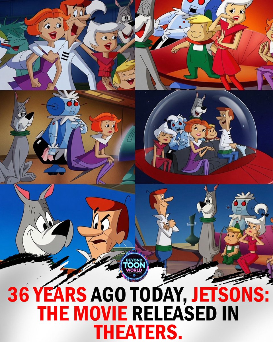 BeyondToonWorld's tweet photo. Thirty-six years ago today, Jetsons: The Movie released in theaters, bringing the futuristic Hanna-Barbera family to the big screen.

The film followed George, Jane, Judy, Elroy, and Astro in a new space-age adventure.

#JetsonsTheMovie #TheJetsons #HannaBarbera https://t.co/HbIXFighPB
