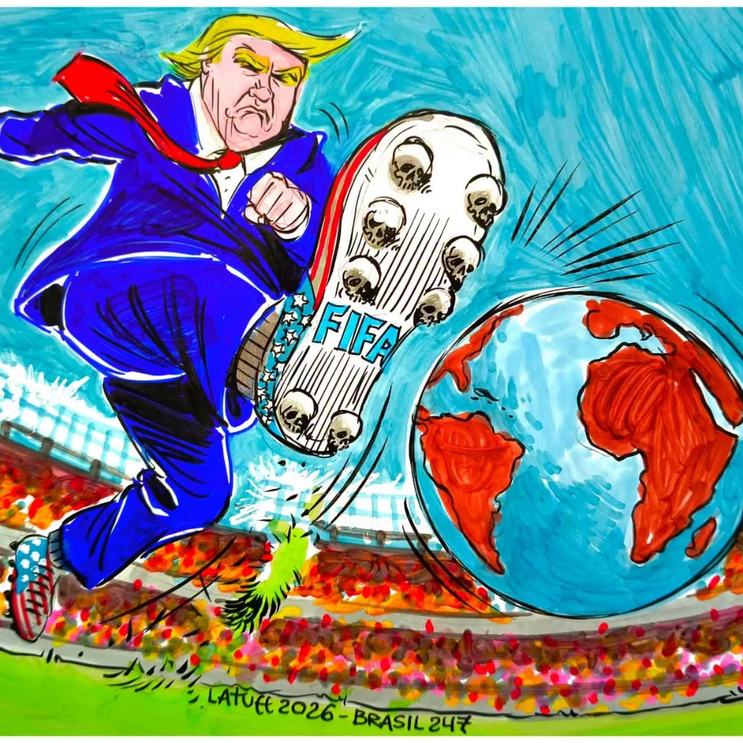 vijayprashad's tweet photo. A red card is a red card. How can a political phone call from Donald Trump to @FIFAcom result in the reversal of a referees decision? What kind of World Cup for Football is this anyway? Garbage!
· Iran's players denied decent treatment, and a fake call for offside.
· Terrible treatment of players from the Third World.

Please tweet to @fifamedia, @FlFAPresident, @FIFAcom, and others on the appalling World Cup on display.

#FIFA #WorldCup #GianniInfantino #DonaldTrump #CorruptFIFA #FakeWorldCup

Image - @LatuffCartoons.