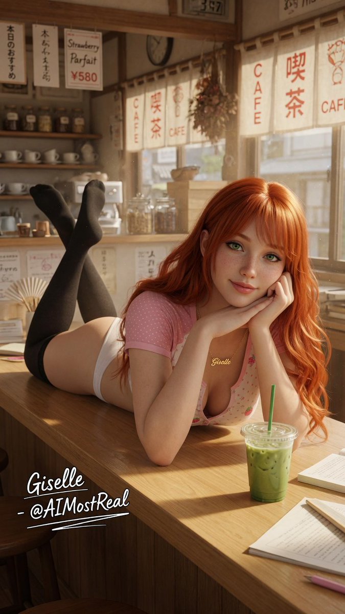 AImostReal's tweet photo. Afternoon at the platform cafe ☕🌸
I’m finishing the day with a warm matcha and the gentle sound of trains passing by. There’s something peaceful about these quiet moments in between journeys.
Where’s your favorite place to unwind?
#Giselle #JapanVibes #PlatformCafe #EveningRitual