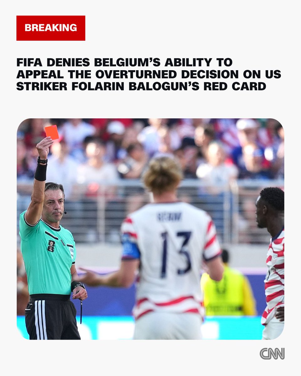 CNN's tweet photo. FIFA denies Belgium's ability to appeal the overturned decision on US striker Folarin Balogun's red card. He will be available to play in Monday's World Cup match. https://t.co/Zy3LZFpZVf https://t.co/MKYaBiLnln