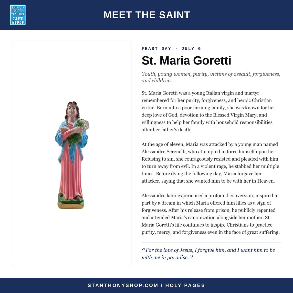 StAnthonyShop's tweet photo. ✝️ Celebrate the Saints and their inspiring stories on their feast days!!
St. Maria Goretti, July 6
St. Benedict of Nursia, July 11
#StMariaGoretti #StBenedictOfNursia #SaintsOfTheWeek
https://t.co/S9sI4jFT4j https://t.co/gxBp4teTOQ