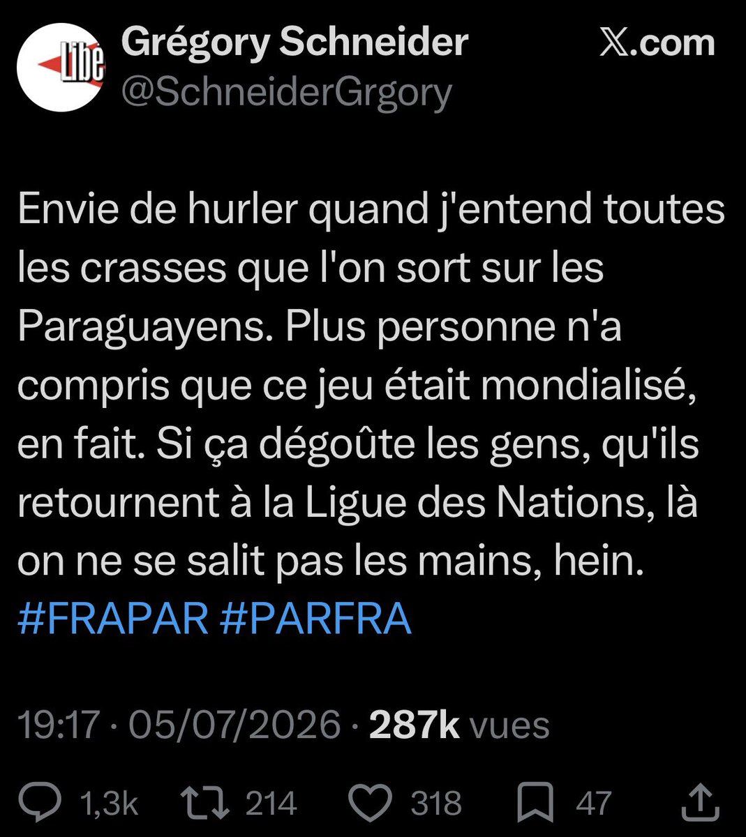 EddySardou's tweet photo. On a le droit de dire des crasses contre les Paraguayens seulement quand ils jouent contre l’Allemagne. https://t.co/gyK3gLNrgm