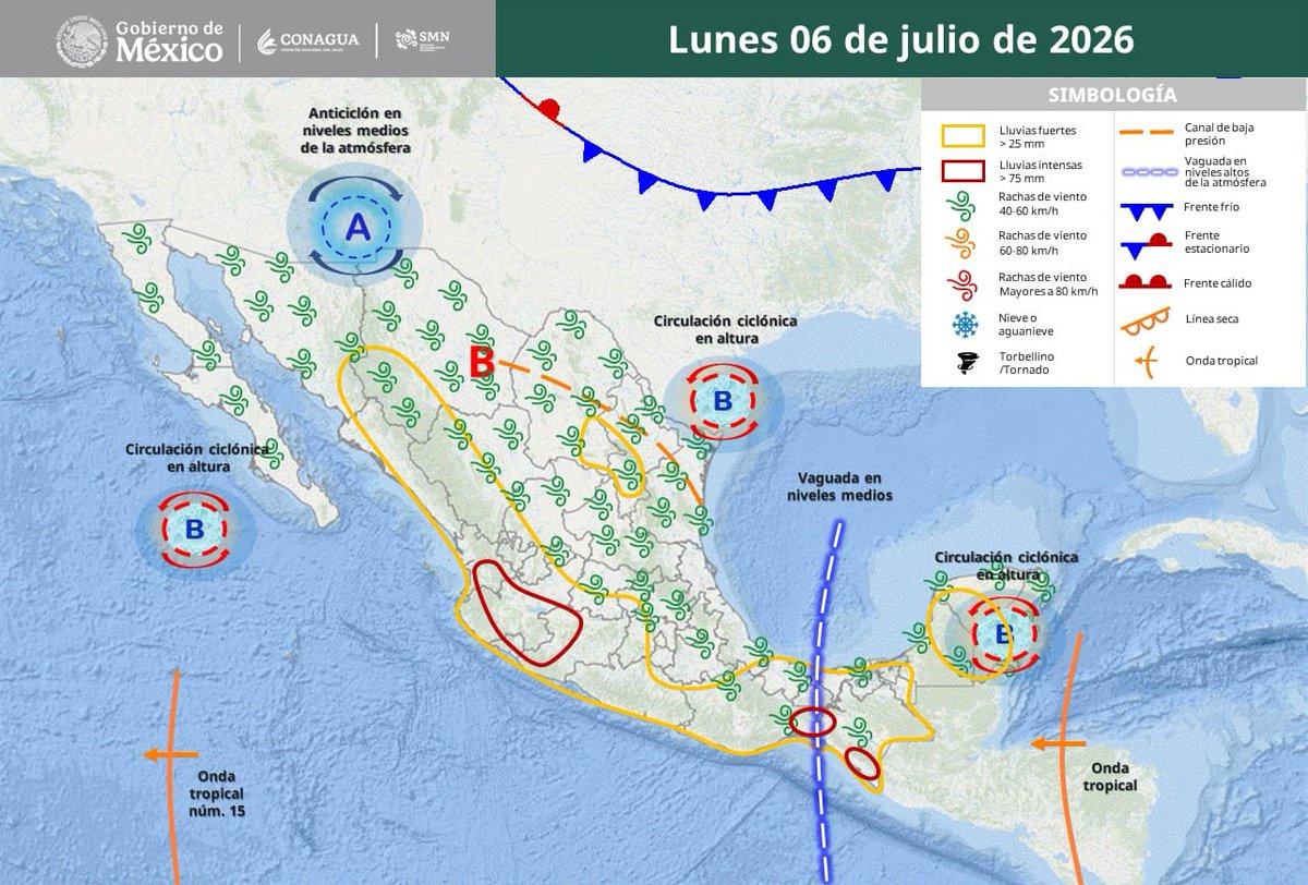 SasslaClimaMx's tweet photo. #PronósticoNacional 🇲🇽 | Se mantienen las lluvias en gran parte de México. ⛈️

•⁠  ⁠⛈️🟣 Lluvias INTENSAS: Nayarit, Jalisco, Colima, Michoacán, Oaxaca y Chiapas. 

•⁠  ⁠⛈️🔴 MUY FUERTES: Sinaloa, Durango, Veracruz, Tabasco, Campeche y Yucatán.

•⁠  ⁠⛈️🟡 FUERTES: Sonora, Chihuahua, Coahuila, NL, SLP, Zacatecas, Gto, Qro, EDOMÉX, CDMX, Guerrero y Q. Roo.

•⁠  ⁠🌧️🔵 CHUBASCOS: Aguascalientes, Tamaulipas, Hidalgo, Tlaxcala, Puebla y Morelos.

•⁠  ⁠☀️🔴 #CalorExtremo (>45 °C): BC (noreste) y Sonora (sur). 

•⁠  ⁠☀️🟠 #MuyCaluroso (40 a 45 °C): BCS, Sinaloa, Chih, NL y Tamps. 

•⁠  ⁠☀️🟡 #Caluroso (35 a 40 °C): Coah, Durango, Nayarit, Jal, Colima, Mich, Guerrero, Oaxaca, Chiapas, Ver, Tabasco, Campeche, Yucatán y Q. Roo.

•⁠  ⁠💨🟠 #Viento: Rachas de 40 a 60 km/h en NL, Tamps, BC, Coah, Durango, Zacatecas, SLP, Puebla, Oaxaca, Chiapas, Tabasco, Campeche, Yucatán y Q. Roo.

Información oficial: #SMNmx (@conagua_clima).