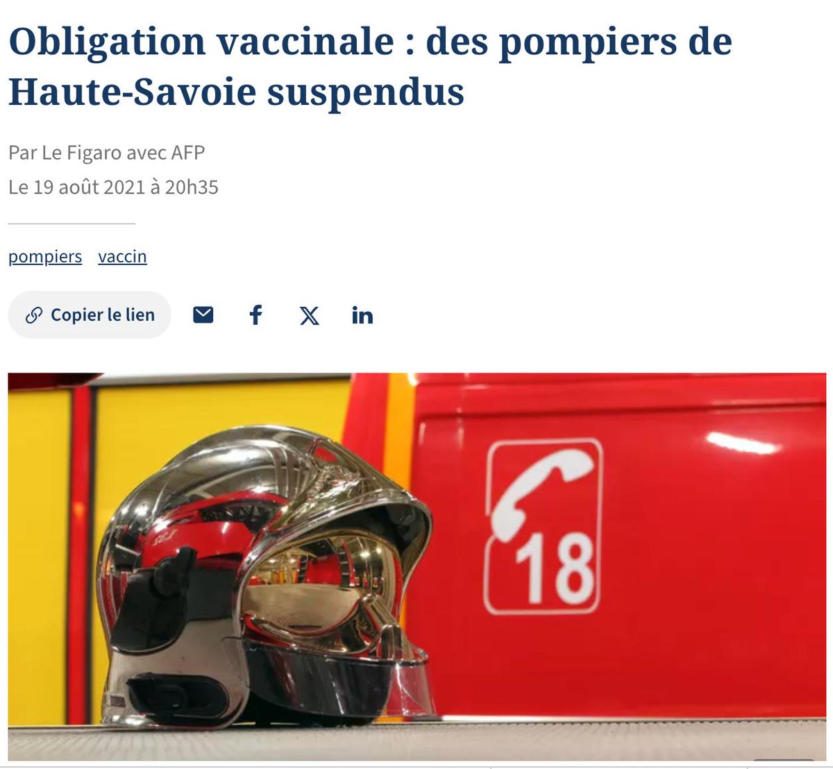 NiONiPardon's tweet photo. 08/2021 En Haute-Savoie, moins d’une dizaine de sapeurs-pompiers ont été suspendus pour non-présentation d’un test Covid négatif, exigé pour les personnels non vaccinés avant l’entrée en vigueur de l’obligation vaccinale. Cette mesure impose ensuite au moins une dose de vaccin pour éviter la suspension, assortie pour les professionnels d’une perte de salaire. Le SDIS évoque un effort de pédagogie mais reconnaît que certains agents restent opposés à la mesure. Un préavis de grève nationale illimitée avait été déposé début août pour protester contre cette obligation.

https://t.co/ZQD73DHE10