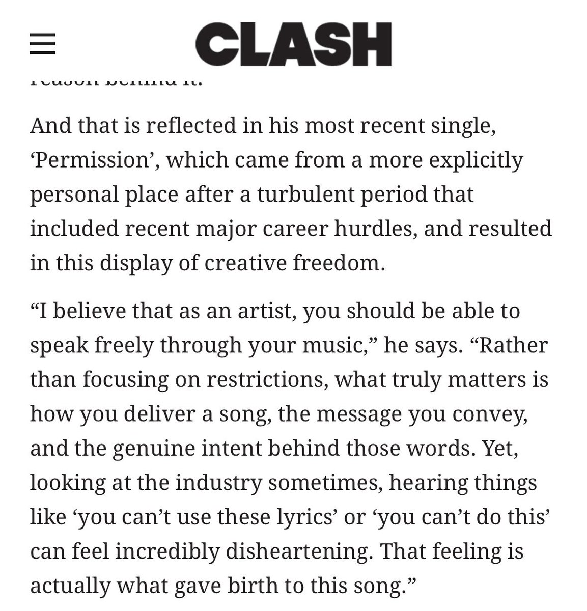Loya_Taemint's tweet photo. 260706 Clash mag interview 

<Permission>

#TAEMIN : I believe that as an artist,you should be able to speak freely through your music.Rather than focusing on restrictions,what truly matters is how you deliver a song,the message you convey, and the genuine intent behind those words. Yet,looking at the industry sometimes,hearing things like 'you can't use these lyrics' or 'you can't do this' can feel incredibly disheartening. That feeling is actually what gave birth to this song.