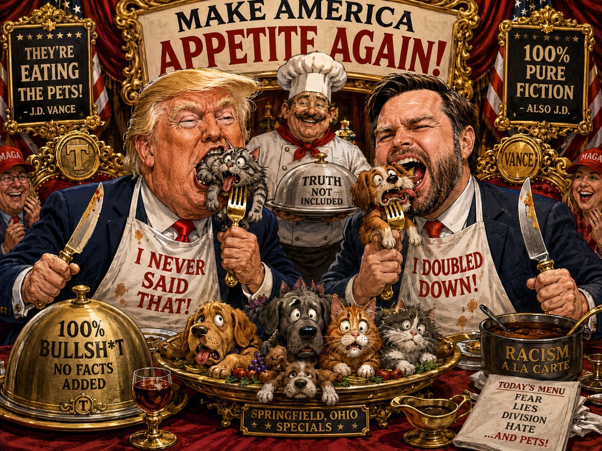 Normsmusic's tweet photo. In a rare photo of Tramp and the Lady with their pets.
Donald Trump and JD Vance made the claim themselves. During the 2024 debate and on social media, they alleged that Haitian immigrants in Springfield, Ohio, were abducting and eating local pets. https://t.co/S6xg7AuNYY