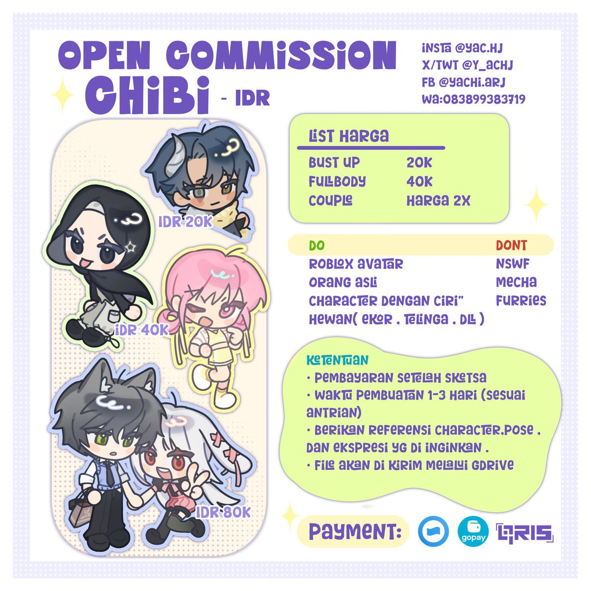 Y_achj's tweet photo. 📢 URGENT COMMISSION ‼️
♡ ⁠~⁠♪ LOCAL ONLY🇮🇩 (0/10) 

hi hi ak openn comms lgii xixi dengan art style yg yummy 🥞 dan sekarang ada YCH series juga !

 YCH→[ ❤️ &amp; 📞 ] ♡♡

💌DM for order~
#commissionsopen #artcommissionchibi https://t.co/x0O56JXu0n