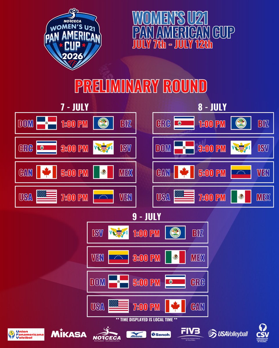 Norceca_Info's tweet photo. Schedule Preliminary Round U21 Women’s Pan American Cup in Columbus, Ohio 🇺🇸 

🇺🇸🇧🇿🇨🇦🇨🇷🇩🇴🇻🇮🇲🇽🇻🇪

🕒 LOCAL TIME 

📍 Covelli Center 
📆 July 7-12

📺 Live On YouTube USAVOLLEYBALL

#norceca #panamcupu21 https://t.co/cl5eA5KpNA