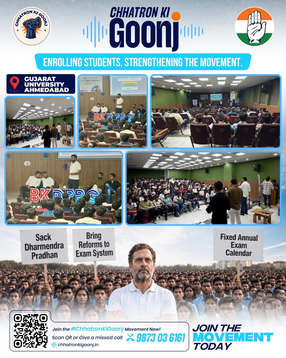 IYC's tweet photo. एक पर्चा, एक बातचीत, एक नई शुरुआत...✊🏻📚🇮🇳

आज📍Gujarat University और khokhra College  अहमदाबाद में युवा कांग्रेस कार्यकर्ता छात्रों के बीच पहुंचे, जहां #ChhatronKiGoonj की गूंज सुनाई दी!

अब आपकी आवाज़ भी इस आंदोलन का हिस्सा बन सकती है!

📲 आज ही जुड़िए!
📞 Missed Call दें: 9873036161
📱 QR Code स्कैन करें या 🌐 https://t.co/XoY7zPc7zF पर जाएँ!