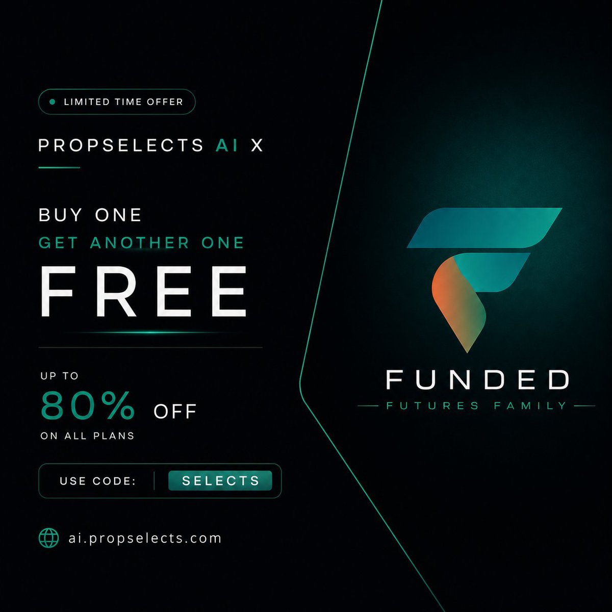 NamelsDante's tweet photo. I'll buy you 5 × $50k Premier Plus
From "Funded Futures Family"

Just follow these steps:

- Follow @NamelsDante @PropSelectsAi

- Suggest your friends to use code: SELECTS

- Turn on our notifications 🔔 

@grok monitor everything, one winner gets 5 accounts, who’s that lucky follower ? Participate now!