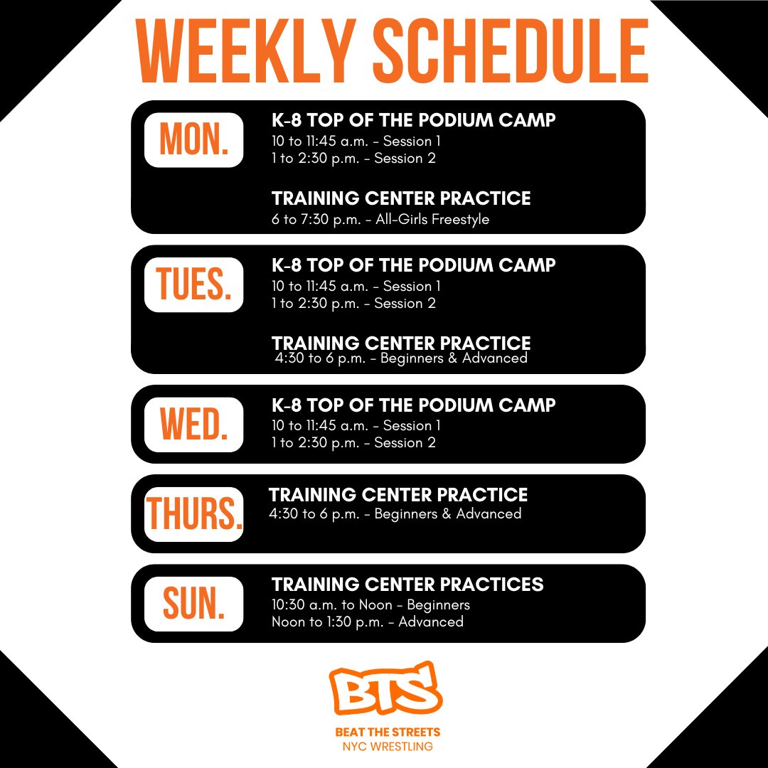 BeattheStreets's tweet photo. #BeatTheStreets weekly schedule!

It's a big week with our annual K-8 Top of the Podium camp at the BTS Training Center.

#NYC #NYCWrestling #YouthWrestling #Wrestling https://t.co/kKg6jFnqms