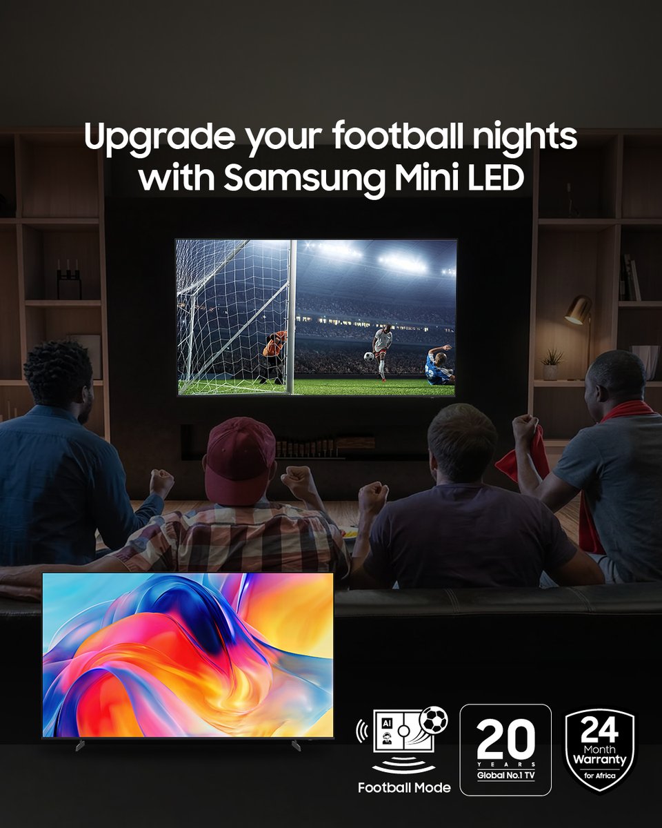 Samsung_Ghana's tweet photo. The living room turns into a stadium seat, and every play feels even more vibrant with the #SamsungMiniLed โจ๏ธ๐
Enjoy clearer and more natural colors, thanks to the Mini Led Processor that upscales content with precision for immersive 4K clarity. https://t.co/BfnxgEiB5M