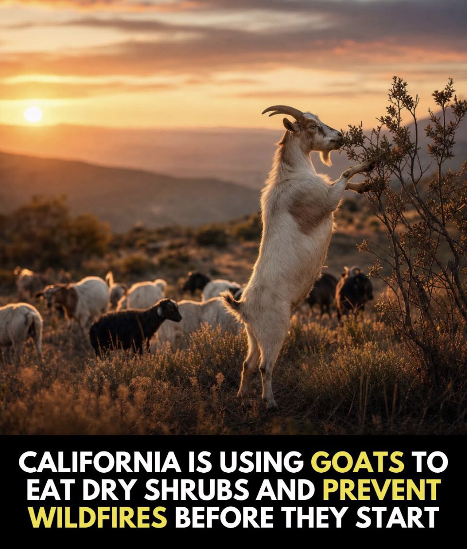 pashupdates's tweet photo. California is using goats to eat dry brush before wildfire season.  
They clear steep terrain machines can’t reach no chemicals, just appetite. 🐐🔥

#Goats #WildfirePrevention #California #EcoFriendly #viral https://t.co/YdOtvJMQPH