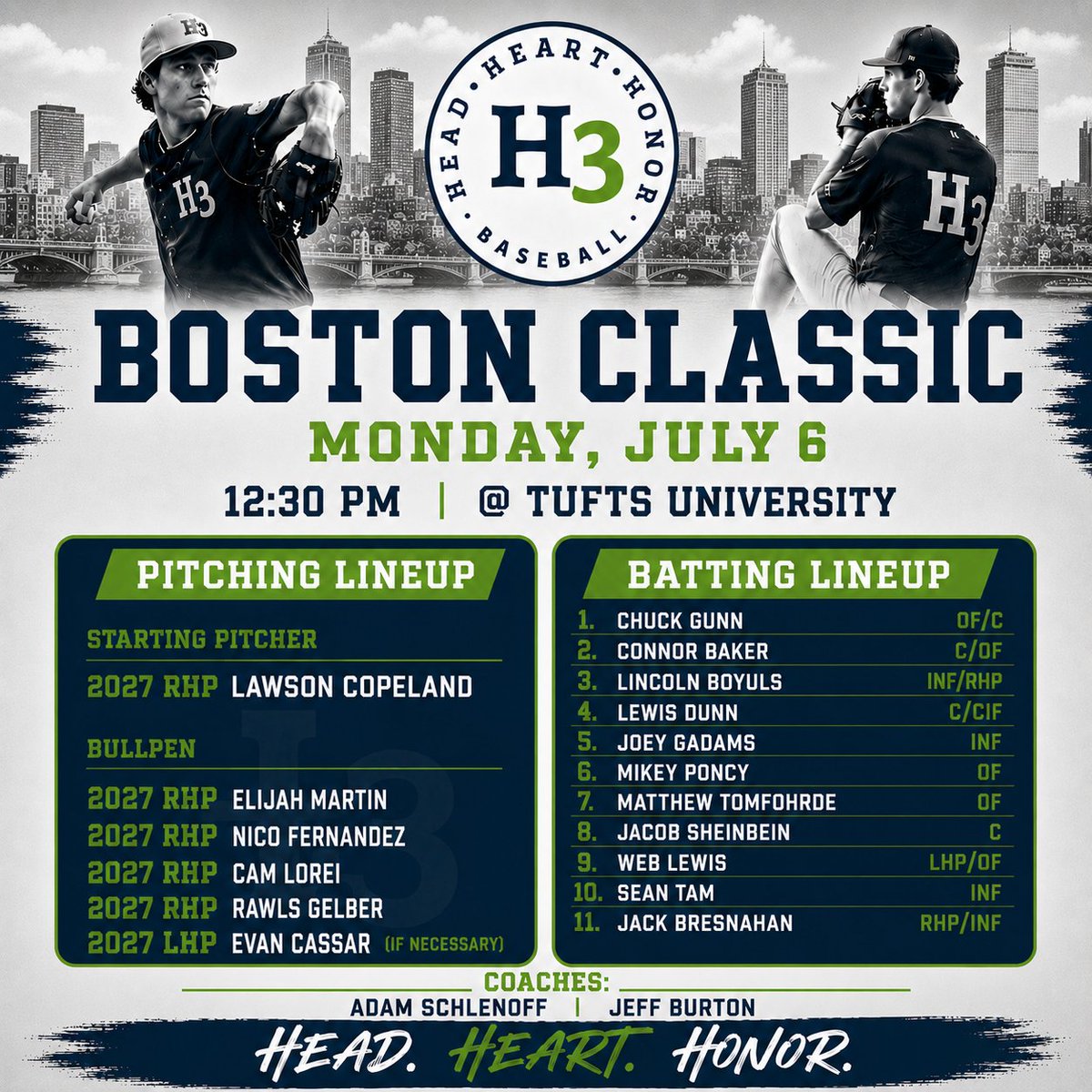 JBC_Baseball's tweet photo. Revised lineup for H3's Academic team at the @PSBaseballScout Boston Classic today. Game is 12:30 PM at @TuftsBaseball 

@h3sportsmedia @Mr_Schlen https://t.co/OiUnz9neC1