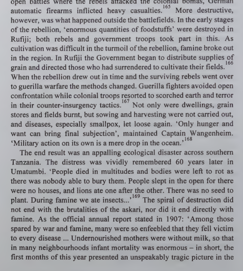 rhaplord's tweet photo. Virtually every colonial atrocity would be classified as genocide today

The Germans killed 250-300,000 Tanzanians in two years to suppress the Maji Maji rebellion 

Nearly 5% of Tanzania's entire population!
A modern despot would need to kill 3 million to match that brutality https://t.co/9KWE7KjtdT