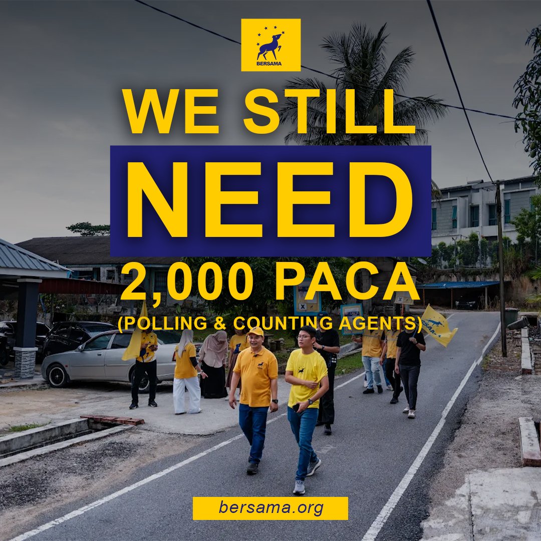 rafiziramli's tweet photo. 𝗪𝗘 𝗦𝗧𝗜𝗟𝗟 𝗡𝗘𝗘𝗗 𝟮,𝟬𝟬𝟬 𝗣𝗢𝗟𝗟𝗜𝗡𝗚 & 𝗖𝗢𝗨𝗡𝗧𝗜𝗡𝗚 𝗔𝗚𝗘𝗡𝗧𝗦 (𝗣𝗔𝗖𝗔)

BERSAMA's campaign in the Johor State Election has been going well, despite our limited resources.

When you don't have abundant resources, you learn to make the best use of what you have.

We rely on volunteers. We rely on our candidates, who work tirelessly to meet as many voters as possible, without expecting to be treated as VIPs at grand events.

But we still need a minimum level of manpower to ensure the campaign runs smoothly, especially on polling day.

We need Polling and Counting Agents (PACA).

Thank you to everyone who has registered as a PACA so far. We are currently confirming duty schedules and polling station assignments. God willing, you will receive your confirmation no later than the morning of Tuesday, 7 July 2026.

However, we still need approximately 2,000 more PACAs.

Here is our plan to recruit these 2,000 PACAs within the next 48 hours.

First – Our headquarters team will contact 2,570 BERSAMA members in Johor to identify those who are available to serve as PACAs.

Second – Our headquarters team will also contact BERSAMA members in Melaka, Negeri Sembilan, Selangor and Kuala Lumpur to confirm who is available to serve as PACAs.

Third – For members in other states, you will receive a reminder email asking you to confirm your availability to serve as a PACA. Please follow the instructions in the email to register.

Fourth – Anyone who is available to help as a PACA, whether you are a BERSAMA member or not, can register in either of the following ways:

Register through the Kancil system at https://t.co/fCMc3GZOrD and follow the instructions there; or

Send a WhatsApp message to 011-3977 6635, or contact Haziq at the same number.

Time is running short. We need to fill these PACA positions at polling stations so that the tremendous efforts of our candidates and volunteers over the past ten days are not in vain.

Please help spread the word. Forward this message on WhatsApp and share it across your social media platforms.