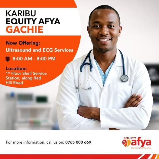 Hot_96Kenya's tweet photo. Quality diagnostics at Equity Afya Gachie! We now offer Ultrasound and ECG services daily from 8 AM to 8 PM.
We are located at Shell Service Station along Red Hill Road.
For more information, call us on 0765 000 669.
#EquityAfyaGachie #QualityHealthCare #AccessibleHealthCare https://t.co/KkyBWlDP8g