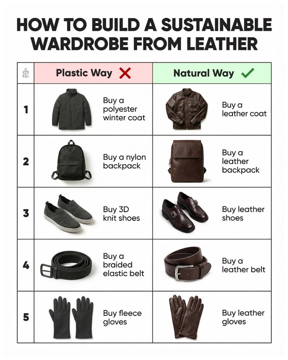 isitleather's tweet photo. A “sustainable” wardrobe full of polyester, nylon, fleece, and PU is still full of plastic.

They don’t break in.
They break down.
Natural materials age.
Plastic materials accumulate.

A sustainable wardrobe should be built to last, not built to replace. https://t.co/homPKHPggw