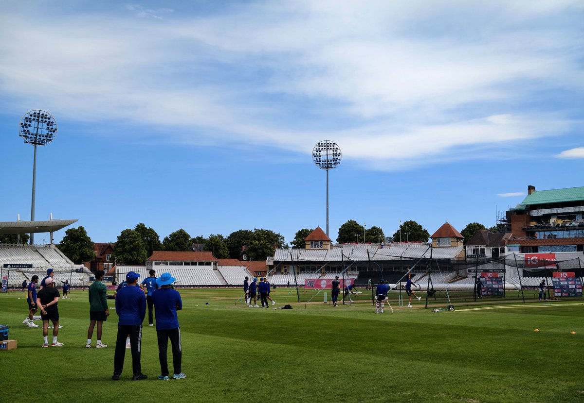 iamaryansurana's tweet photo. India commence training at TrentBridge. Shreyas, Sanju and Shivam missing. Ishan Kishan and Suryansh Shedge in the nets first up. Vaibhav Sooryavanshi facing throwdowns from Raghu. Down on his haunches, the youngster seems to be in pain as the physio springs into action #INGvsENG https://t.co/xU8oUotzxp