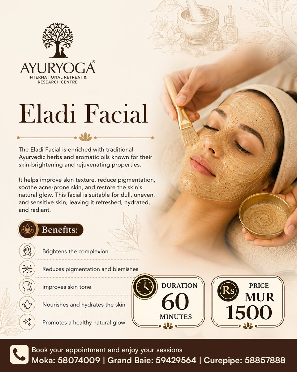 ayuryoga_mur's tweet photo. ✨ Naturally glowing skin starts with Ayurveda.

Choose from Eladi, Manjishta, Nalpamaradi, Njavara, Panchagavya &amp; Red Sandal Facials.

⏱️ 60 mins | 💰 MUR 1500

📍 Moka: +230 58074009
📍 Grand Baie: +230 59429564
📍 Curepipe: +230 58857888

#Ayurveda #Skincare #Mauritius https://t.co/BC2fW8kUjs